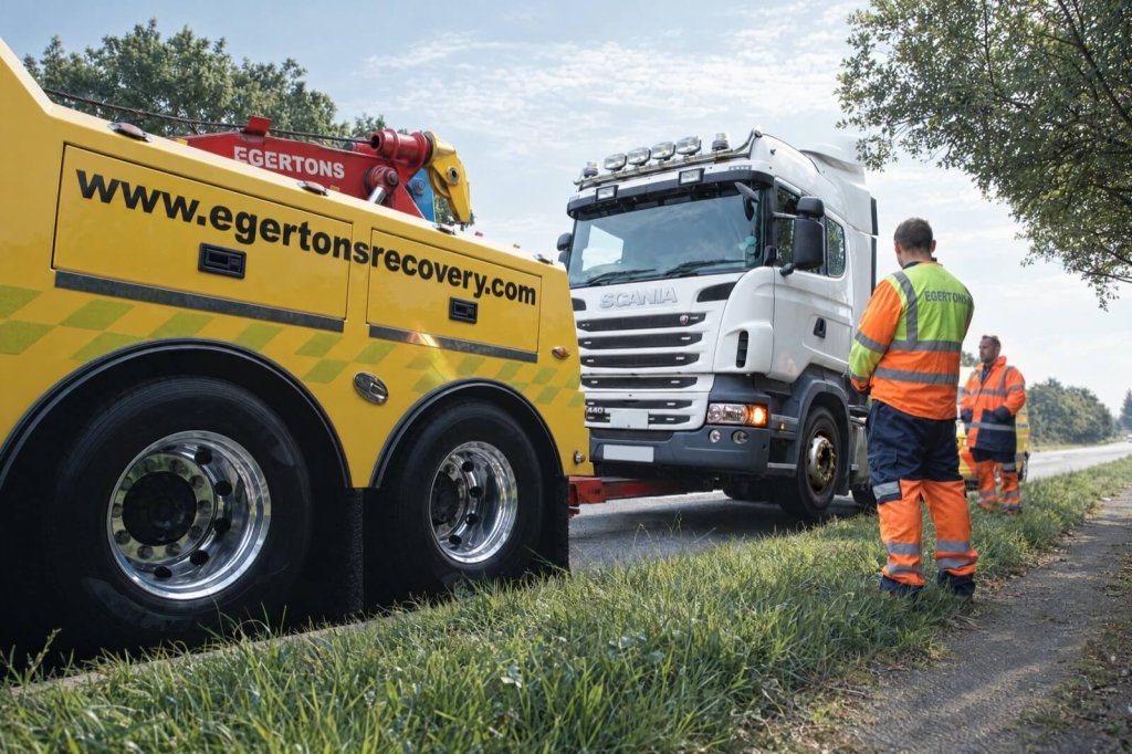 An Egertons heavy recovery truck at the roadside beside an HGV, with a technician in hi-vis.