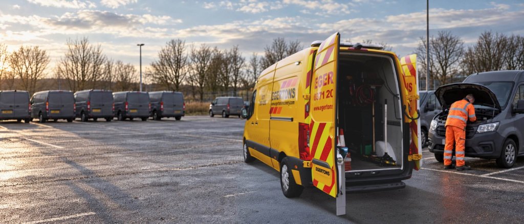 An Egertons service van with its rear doors open in a car park while a technician works on a van.