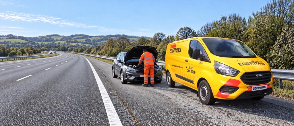 An Egertons service van on a motorway hard shoulder as a technician repairs a car.