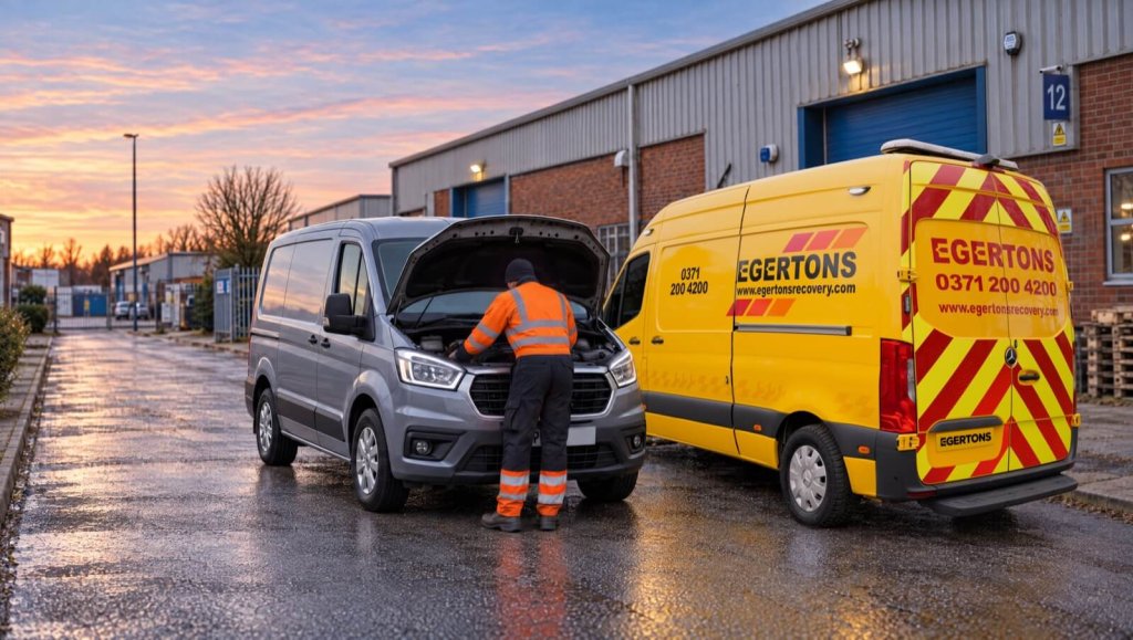 Egertons technician repairing a grey van at the roadside beside a yellow service van.