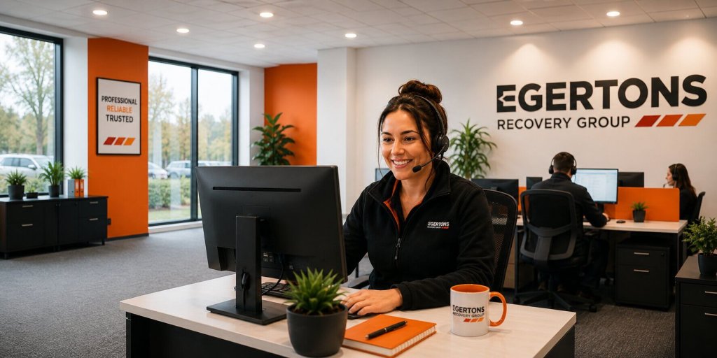 Smiling Egertons call handler wearing a headset at her desk in the open-plan control room.
