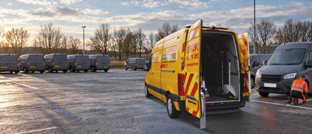 Egertons yellow service van with its rear doors open in a car park of fleet vans, with a technician kneeling beside a grey van.