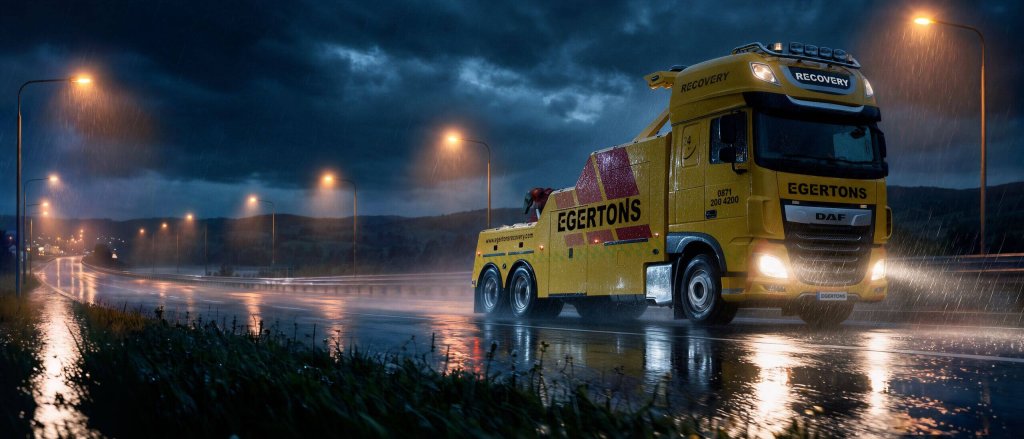 Egertons yellow recovery truck with its headlights on at night in the rain.