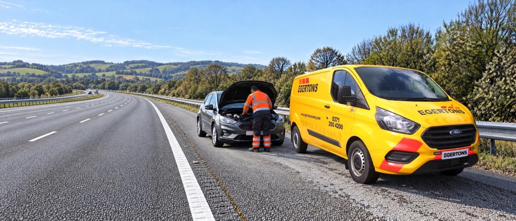 Egertons technician repairing a broken-down car on a motorway hard shoulder beside a yellow Egertons van.