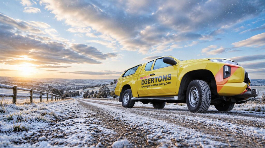 Egertons yellow pickup truck on a frosty hilltop road at sunrise.