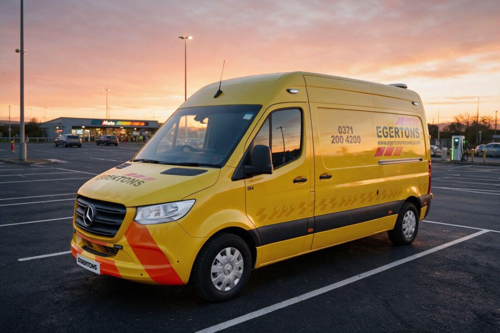 Egertons yellow roadside repair van parked at sunset.