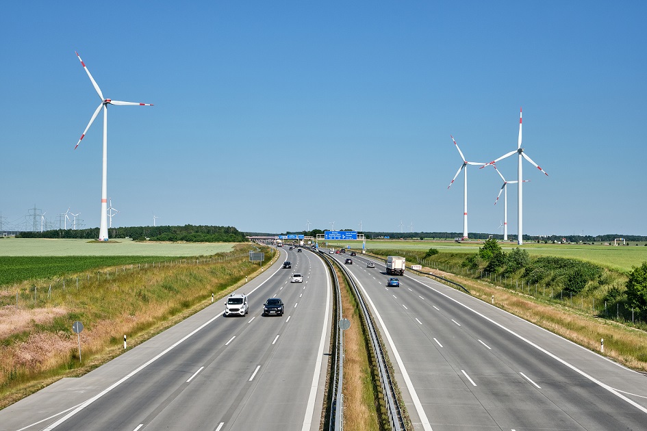 Motorway with wind turbines